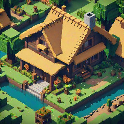 top-down pixel art house, thatched roof, Minecraft style, 32-bit