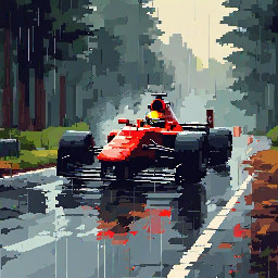 Cinematic oil painting, rich textured brush strokes, moody atmospheric lighting, painterly realism, warm and cool color contrast. Not a photograph.   Scene: A red 1970s Formula 1 race car speeding on a wet forest road, the driver wearing a white helmet, dark dramatic sky, rain spray behind the car   No text, no letters, no numbers, no logos, no watermark. Tall vertical 9:16 portrait composition.