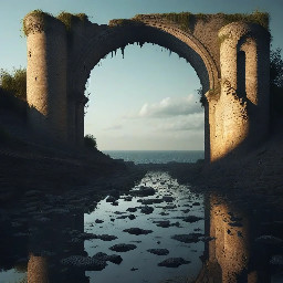 Composition générale  L’image est une scène fantasy sombre et épique, au format vertical. Elle se divise en trois grandes zones horizontales :  Le ciel (partie supérieure, ~50%) L’horizon avec des ruines monumentales (zone médiane) La mer agitée (partie inférieure)  Le point focal est une explosion lumineuse dorée centrale située légèrement au-dessus de la ligne d’horizon.  Ciel et atmosphère Le ciel est quasi noir, avec une texture légèrement nuageuse mais très subtile. Il est parsemé de petits points lumineux dorés, ressemblant à des étoiles ou des braises flottantes. Ces particules sont : plus denses vers le centre plus éparses vers le haut Une immense structure lumineuse organique s’étend depuis le centre : Elle ressemble à un réseau de racines, de veines ou d’éclairs dorés Couleur : or brillant avec variations vers le jaune pâle et le blanc incandescent Texture : filamenteuse, fractale, électrique Elle rayonne dans toutes les directions, formant une sorte de dôme céleste Source de lumière (élément central) Située juste au-dessus de l’horizon, au centre. Apparence : Explosion sphérique de lumière blanche et dorée Intensité très forte, presque éblouissante Elle agit comme un soleil surnaturel ou une faille magique Des filaments lumineux en partent et s’étendent horizontalement et verticalement Architecture / Ruines Silhouette noire en contre-jour sur toute la largeur de l’image Style : ruines médiévales / gothiques / fantastiques Détails visibles : Une longue série d’arches répétées (comme un aqueduc ou un pont monumental) Plusieurs tours élancées, certaines brisées Structures irrégulières, partiellement effondrées Les arches : Alignées horizontalement Hauteur variable mais globalement homogène Les bâtiments sont : totalement sombres (silhouettes noires) légèrement bordés de reflets dorés dus à la lumière centrale Perspective : Vue légèrement en contrebas depuis la mer Donne une impression de grandeur écrasante Interaction lumière / environnement La lumière dorée : illumine les contours des ruines crée un halo diffus autour de l’horizon L’atmosphère est remplie de particules lumineuses flottantes, surtout autour des ruines Mer (premier plan) Eau sombre, presque noire, avec des reflets verts très foncés Texture : vagues agitées, légèrement houleuses surface irrégulière avec des crêtes visibles Réflexions : La lumière dorée se reflète en traînées scintillantes Reflets déformés par les vagues Au centre bas : une vague légèrement plus éclairée elle capte la lumière principale et sert de point d’accroche visuel secondaire Couleurs dominantes Palette globale : Noir profond (ciel, mer, silhouettes) Or lumineux (élément principal) Jaune pâle / blanc chaud (centre lumineux) Vert très sombre (reflets de la mer) Contraste : extrêmement élevé entre lumière et obscurité Ambiance et style Atmosphère : apocalyptique, mystique, divine mélange de beauté et de menace Style artistique : peinture numérique réaliste avec une touche fantasy épique inspiration possible : paysages sombres mondes en ruine phénomènes cosmiques ou divins Effet global : sentiment d’un événement surnaturel majeur impression que la lumière est vivante (presque consciente) Perspective et cadrage Point de vue : depuis la mer, à faible hauteur Ligne d’horizon : située légèrement sous le centre Composition : symétrie approximative autour du centre lumineux lignes directrices : arches horizontales rayons lumineux radiaux Détails subtils à ne pas oublier Les particules lumineuses doivent varier en taille (très petites à moyennes) Les filaments lumineux ne sont pas réguliers (aspect organique chaotique) Les ruines ne doivent jamais être totalement détaillées (effet silhouette) La mer doit rester sombre malgré les reflets, sans devenir brillante globalement