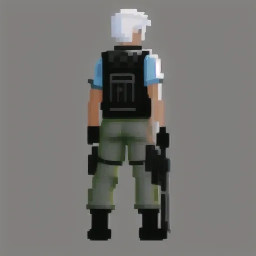 Top-down view pixel art sprite of a female tactical operator, 32x32 pixels,  anime style, serious expression, no moe.  Silver-white hair in a short ponytail visible from above, wearing black  tactical headphones with mic boom. Dark graphite plate carrier vest with  pouches, black tactical gloves, no helmet.  Holding a long black sniper rifle pointed to the right (forward direction).  Dark grey tactical pants, black boots.  Consistent silhouettes, readable from top-down, high contrast against dark  backgrounds. Limited palette: graphite, black, dark grey, silver-white hair,  one small red accent on the vest.  Pixel perfect, clean outlines, single sprite, side-facing right.