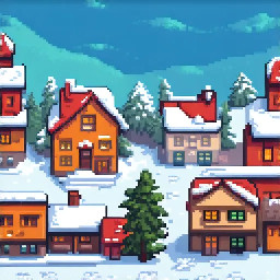 a cute, soft, snowy, 16bit town