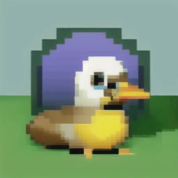 a cute duck charactor playing soccer on a grass