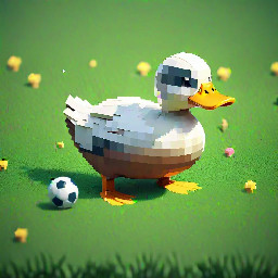 a cute duck charactor playing soccer on a grass