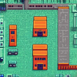 pixel art, 256x256, top-down industrial building, Factorio style, clean pixel grid, 1px outlines, limited color palette, no blur, no anti-aliasing, sharp edges, game asset, orthographic view, tileable, highly readable silhouette
