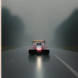 Cinematic oil painting, rich textured brush strokes, moody atmospheric lighting, painterly realism, warm and cool color contrast. Not a photograph.   Scene: A red 1970s Formula 1 race car speeding on a wet forest road, the driver wearing a white helmet, dark dramatic sky, rain spray behind the car   No text, no letters, no numbers, no logos, no watermark. Tall vertical 9:16 portrait composition.