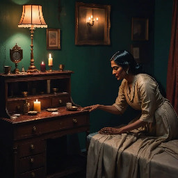 {a dimly lit|a shadow-drenched|a candle-flickering} {bedroom|guest room|private study} where Dheeraj, a {weathered yet alluring|delicate but strong|soft-featured with restless eyes} {45-year-old maid|housemaid in her prime|careworn domestic worker} stands hesitantly near {a mahogany dresser|an antique vanity|a rumpled bed}, her {sari slightly loosened|faded cotton nightgown clinging|work-worn hands trembling} as Vijay, her {broad-shouldered|silver-haired|commanding yet gentle} {56-year-old landlord|unmarried property owner|wealthy recluse}, reaches out to {cup her face|trace her collarbone|pull her close}. The air is thick with {unspoken longing|years of pent-up desire|electric hesitation}, their {age-worn|calloused|desperate} fingers entwining as {a storm rages outside|the grandfather clock chimes midnight|a single tear slips down Dheeraj's cheek}. The scene pulses with {raw, forbidden passion|aching vulnerability|the weight of lifetimes unlived}, their bodies {pressed together in the half-light|collapsing onto tangled sheets|frozen in the moment before surrender}, surrounded by {discarded household items|scattered account ledgers|the faint scent of jasmine oil}. {Oil painting style|film noir lighting|hyperrealistic detail} captures every {wrinkle of tension|fleeting glance|shuddering breath}, as the {cold, dark night|relentless monsoon rain|silent house} bears witness to their {clandestine union|long-awaited release|irrevocable crossing of lines}.