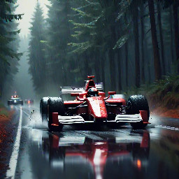 Cinematic oil painting, rich textured brush strokes, moody atmospheric lighting, painterly realism, warm and cool color contrast. Not a photograph.   Scene: A red 1970s Formula 1 race car speeding on a wet forest road, the driver wearing a white helmet, dark dramatic sky, rain spray behind the car   No text, no letters, no numbers, no logos, no watermark. Tall vertical 9:16 portrait composition.