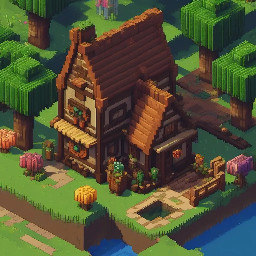 top-down pixel art house, thatched roof, Minecraft style, 32-bit