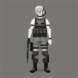 Top-down view pixel art sprite of a female tactical operator, 32x32 pixels,  anime style, serious expression, no moe.  Silver-white hair in a short ponytail visible from above, wearing black  tactical headphones with mic boom. Dark graphite plate carrier vest with  pouches, black tactical gloves, no helmet.  Holding a long black sniper rifle pointed to the right (forward direction).  Dark grey tactical pants, black boots.  Consistent silhouettes, readable from top-down, high contrast against dark  backgrounds. Limited palette: graphite, black, dark grey, silver-white hair,  one small red accent on the vest.  Pixel perfect, clean outlines, single sprite, side-facing right.