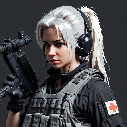 Top-down view pixel art sprite of a female tactical operator, 32x32 pixels,  anime style, serious expression, no moe.  Silver-white hair in a short ponytail visible from above, wearing black  tactical headphones with mic boom. Dark graphite plate carrier vest with  pouches, black tactical gloves, no helmet.  Holding a long black sniper rifle pointed to the right (forward direction).  Dark grey tactical pants, black boots.  Consistent silhouettes, readable from top-down, high contrast against dark  backgrounds. Limited palette: graphite, black, dark grey, silver-white hair,  one small red accent on the vest.  Pixel perfect, clean outlines, single sprite, side-facing right.