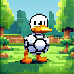 a cute duck charactor playing soccer on a grass