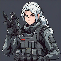 Top-down view pixel art sprite of a female tactical operator, 32x32 pixels,  anime style, serious expression, no moe.  Silver-white hair in a short ponytail visible from above, wearing black  tactical headphones with mic boom. Dark graphite plate carrier vest with  pouches, black tactical gloves, no helmet.  Holding a long black sniper rifle pointed to the right (forward direction).  Dark grey tactical pants, black boots.  Consistent silhouettes, readable from top-down, high contrast against dark  backgrounds. Limited palette: graphite, black, dark grey, silver-white hair,  one small red accent on the vest.  Pixel perfect, clean outlines, single sprite, side-facing right.