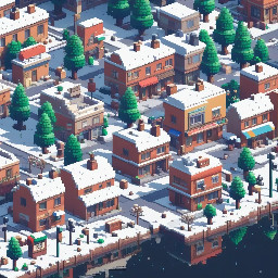 a cute, soft, snowy, 16bit town